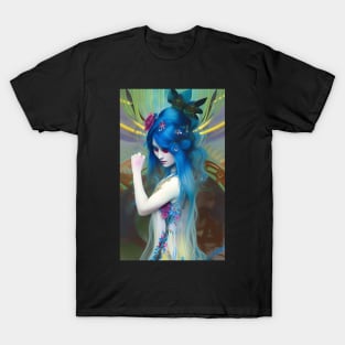 Cool Trippy Hippie Girl with Blue Hair Dancing Japanese Geisha T-Shirt